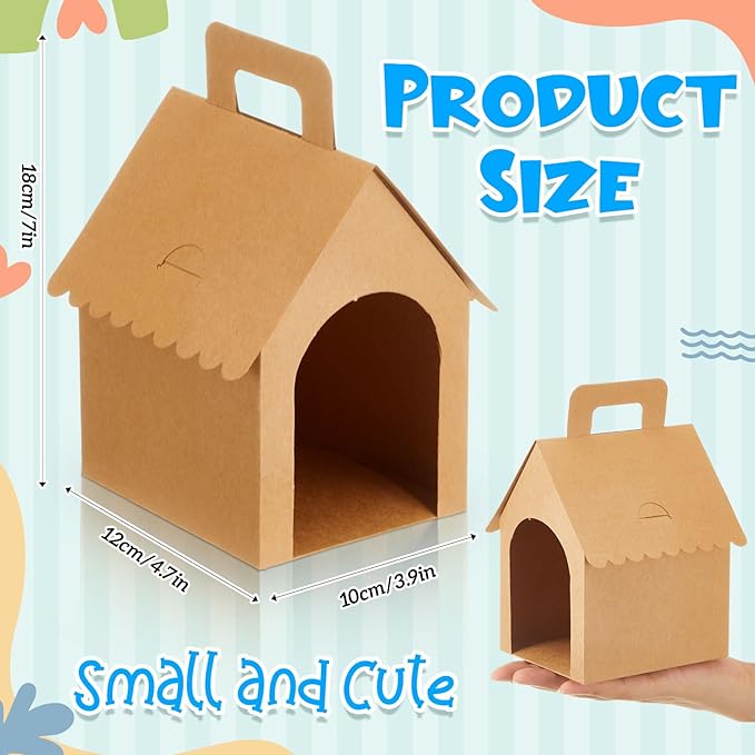 ShinyRelief 16 Pcs Dog Party Favors Boxes Dog House Shaped Treat Gift Boxes with Holes Foldable with Handle for Adopt a Puppy Party Favors Kid DIY Crafting Birthday (Kraft Paper Style)