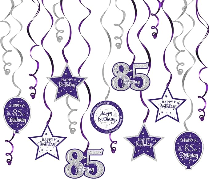 Happy 85th Birthday Purple & Silver Glitter Swirls Streamers Party Decorations - 15 Pcs 85th Birthday Hanging Swirls Streamers Kit,Perfect for 85th Bday Party Sign.