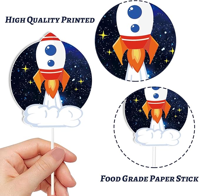 Whaline 72Pcs Outer Space Cupcake Topper 12 Designs Astronauts Rockets Spacecraft Cupcake Picks Out of Space Food Picks with Sticks Glue Point for Birthday Space Theme Party Supplies Cake Decor