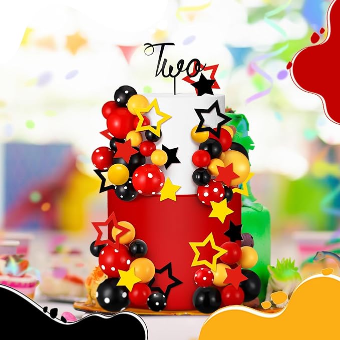 57 Pcs Black Red Yellow Ball Star Cake Topper Set Cartoon Cake Decorations with Flag DIY Insert Topper for One Two Years Happy Birthday Decorations Baby Shower Party Supplies(Two Year)
