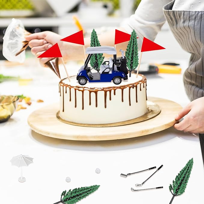 Leitee 21 Pcs Golf Cake Topper Cake Decoration Cupcake Topper Include Mini Cart Red Flag Ball Green Tree Club Sun Umbrella for Golf Themed Birthday(Blue,Classic)