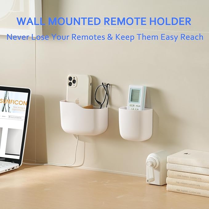 SUNFICON Remote Holder Wall Mount TV FAN Remote Control Holder Bedside Caddy Wall Organizer Phone Holder for Office Adhesive Media Player Controller Holder Box Tray Home Desk Nightstand 2 SMALL WHITE
