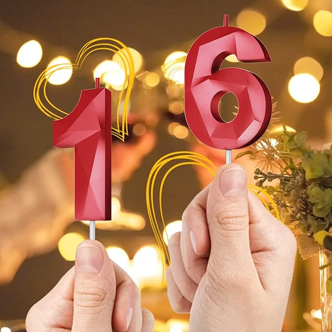 Number Birthday Candles(60 Candle Red) 3D Diamond Shape Number Happy Birthday Cake Candles for Birthday Party Wedding Decoration Reunions Theme Party
