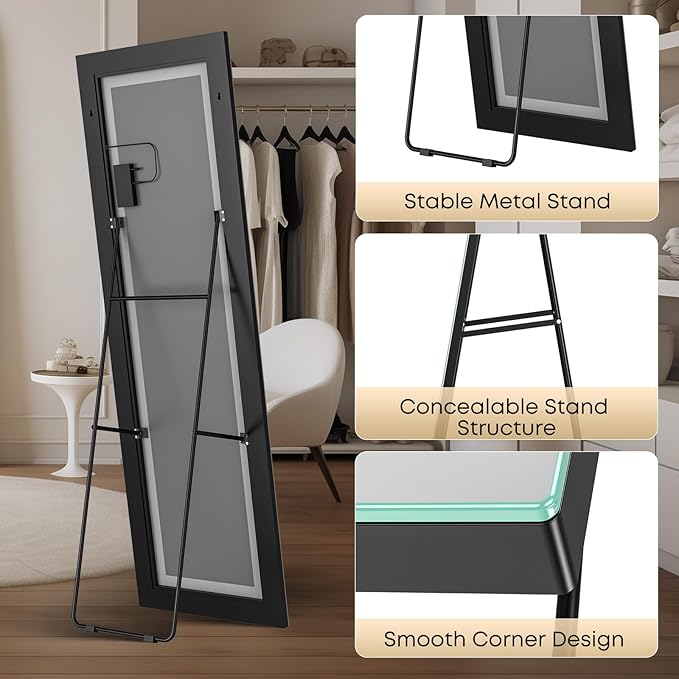 64" x 21" Full Length LED Floor Mirror - Big Wall/Standing Mirror with Lights, Dimmable Touch Screen & Adjustable Color (White/Warm Light), Full Body Mirror for Bedroom, Dressing Room, Vanity, Makeup