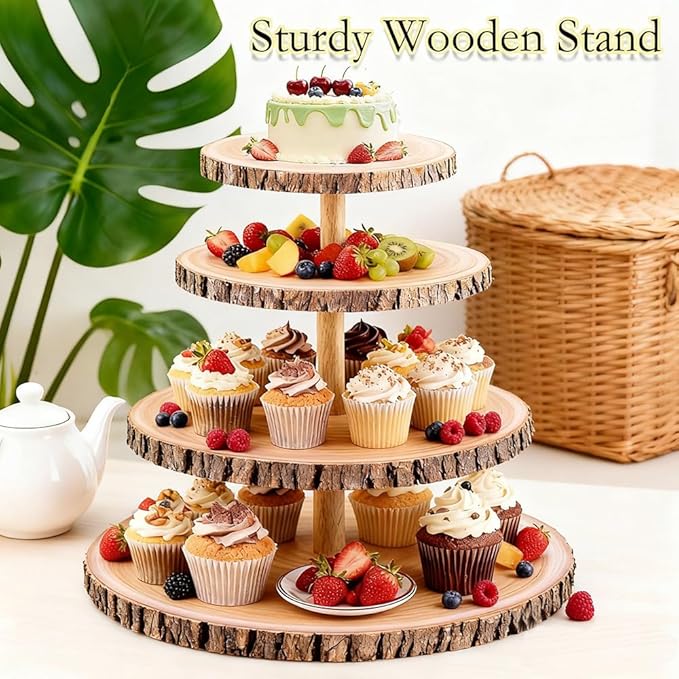 Cupcake Stand, 4 Tier Large Cupcake Stand Rustic Dessert Table Display Set Wood Cupcake Tower Cake Stand Tiered Tray Stand for Wedding Birthday Shower Comes with 10 Sets Wooden Utensils