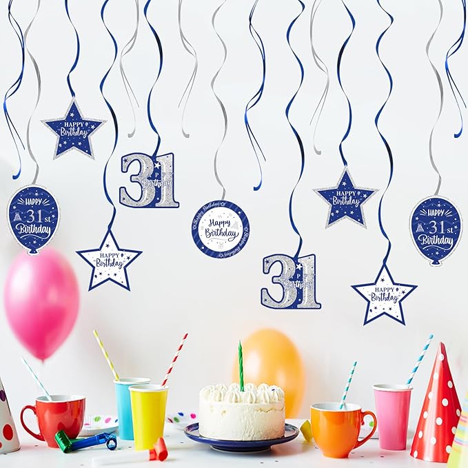 Happy 31st Birthday Blue & Silver Glitter Swirls Streamers Party Decorations - 15 Pcs 31st Birthday Hanging Swirls Streamers Kit,Perfect for 31st Bday Party Sign.