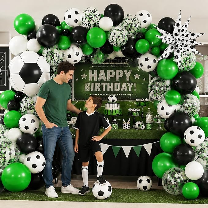 Football Balloons, 12 Inch Soccer Balloons with Green Black White Latex Soccer Printed Star Foil Balloons With Ribbons for Football Sport Theme Party Decorations Birthday Supplies