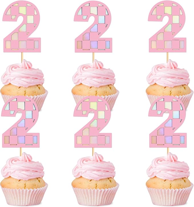 Ercadio 24 Pack Pink Number 2 Cupcake Toppers Pink Checkered Two Cupcake Picks for Smiley Assorted Racing Car Theme Baby Girls 2nd Birthday Party Cake Decoration Supplies