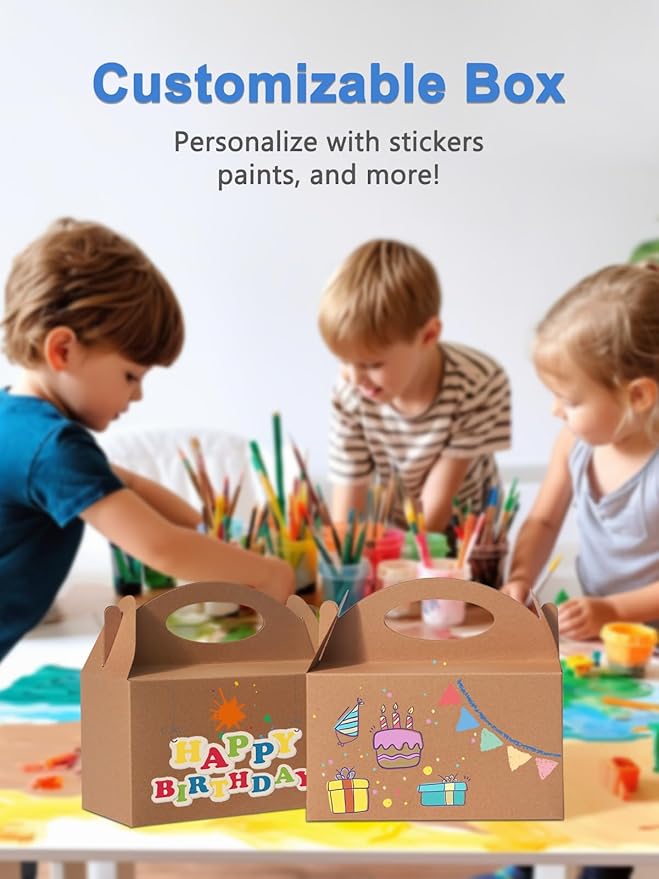 25 Pcs Small Party Treat Boxes, 6 Inch Candy Cookie Goodie Gift Bags Gable Box for Kids Birthday Party, Kraft Brown