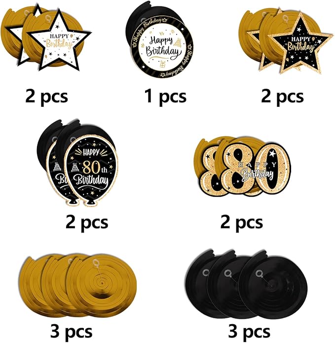 Happy 80th Birthday Black & Gold Glitter Swirls Streamers Party Decorations - 15 Pcs 80th Birthday Hanging Swirls Streamers Kit,Cheers to Eighty Years Old Bday Party Sign.