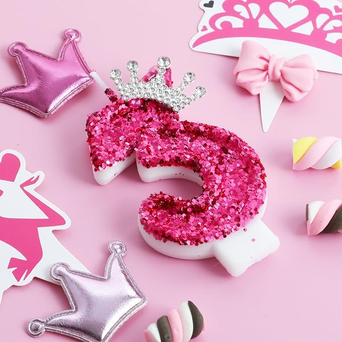 AKURIEEY Hot Pink Birthday Candles Crown Number 3 Candle Birthday Party Decorations Cake Topper Cupcake Decor for Anniversary Celebrations Supplies