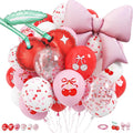 Cherry Balloons, 12 Inch Cherry Party Decorations Red Pink White Print Latex Balloons with Cherry Bow Foil Balloon for She is Cherry on Top Birthday Wedding Fruit Party Decorations