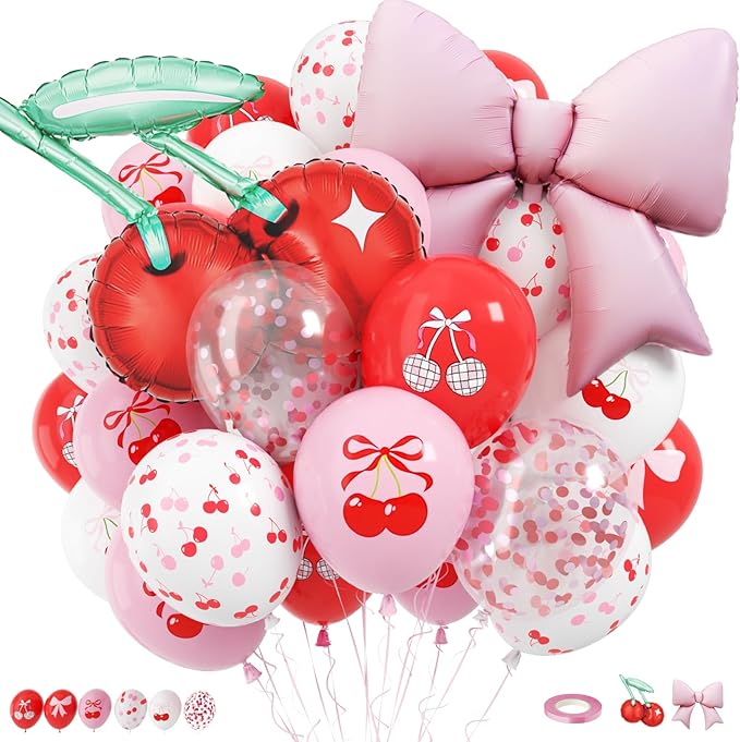 Cherry Balloons, 12 Inch Cherry Party Decorations Red Pink White Print Latex Balloons with Cherry Bow Foil Balloon for She is Cherry on Top Birthday Wedding Fruit Party Decorations