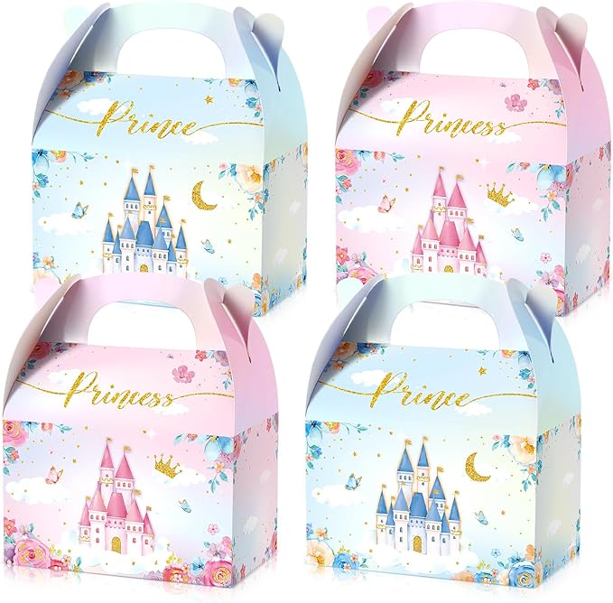 Nezyo Princess and Prince Treat Boxes - Pink & Blue Crown Cardboard Goodie Boxes for Birthday Party Favors(24 Pcs,Prince and Princess)