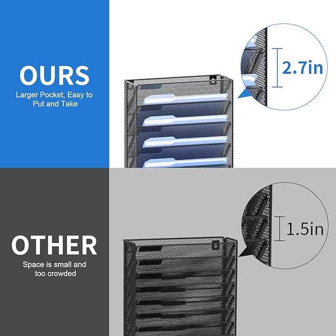 OUTWOLF Hanging Wall File Organizer with Hooks, 12 Tier Vertical Wall Mount File Holder, File Folder Wall Organizer for Office