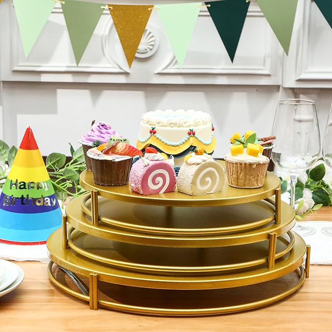 Wenqik 3 Pack Gold Cake Stands 16'' 14'' 12'' Round Metal Cupcake Display Stands Dessert Trays Table Decoration Cookies Serving Plates with Modern Design for Wedding, Birthday, Party, Celebration