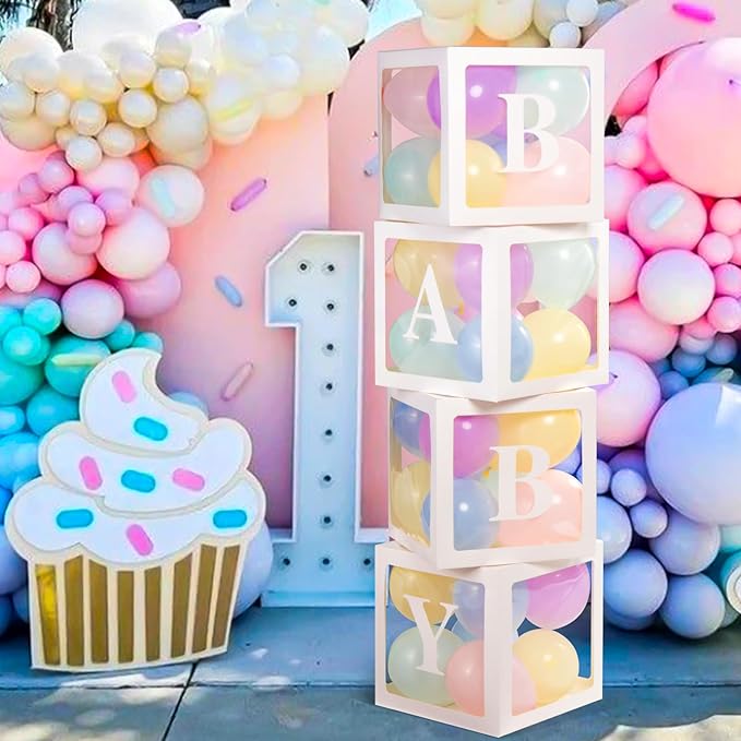 Voircoloria Baby Boxes with Letters for Baby Shower, Baby Shower Decorations with 4 Balloon Boxes for Gender Reveal Baby Shower Perfect for Easter Decorations(Pastel Balloons)