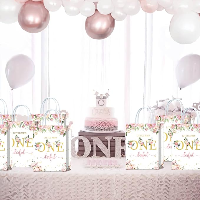Tyndallrays 16 Pieces Miss Onederful One First Birthday Party Favors Bags,Onederful 1st Birthday Girl Gift Snacks Treat Candy Party Favors Bags with Handles for Girls 1st Birthday Party Decorations