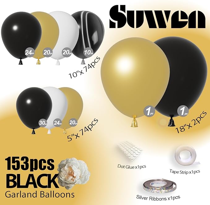 SUWEN 153Pcs Black and Gold Balloons Arch Kit Different Sizes 18 10 5 inch Marble Black White and Metallic Gold Latex Balloons for Birthday Wedding New Years Graduation Anniversary Party Decorations