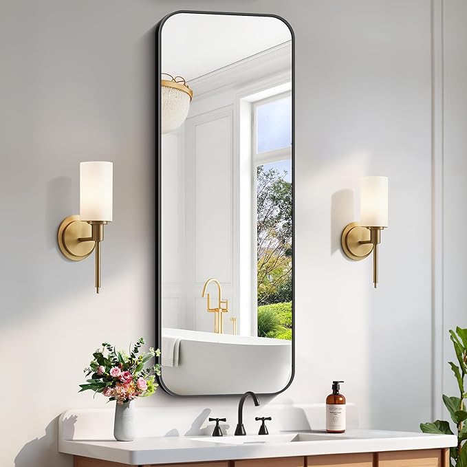 FORBATH Bathroom Mirror 20" x 55", Rectangle Black Bathroom Mirror with Black Aluminum Frame Rounded Corner, Wall Mounted Mirror for Bedroom Entryway Living Room