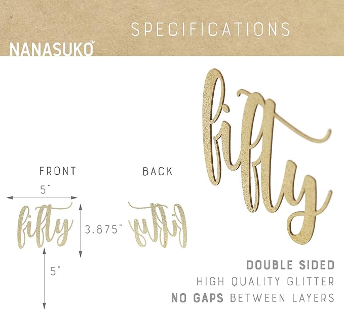 50th Birthday Cake Topper - fifty - Double Sided Gold glitter - Premium quality Made in USA