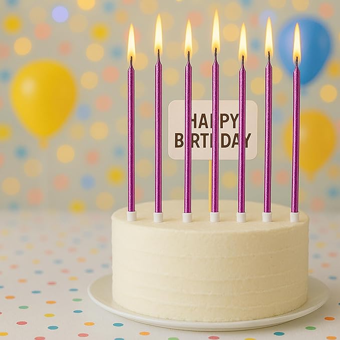 by Tugba Aydan Purple Birthday Candles, 24 Pack, Long Thin Metallic Cake Candles with Holders, Elegant Purple Candles for Cakes, Cupcakes & Parties