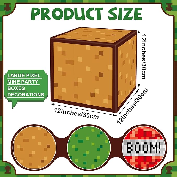 MinFyberd Pixel Large Gift Boxes Pixel Party Decorations Video Game Favor Treat Paper Box Mining Gaming Party Centerpieces Boxes for Boys Girls Kids Teenagers Birthday Supplies