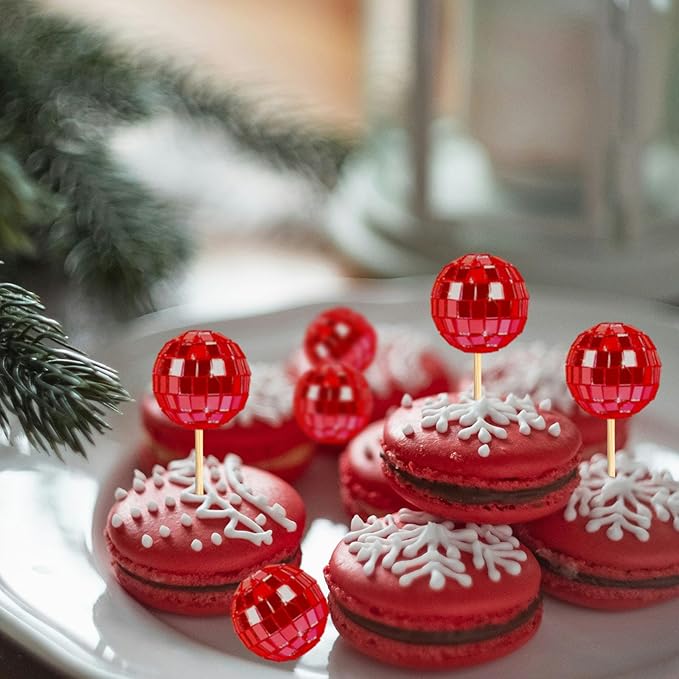 24 PCS Red Disco Ball Cupcake Toppers, Mini Disco Balls for Cake, Disco Ball Cupcake Decorations for Valentine's Day Disco Theme Party 70s Disco Ball Party Favors