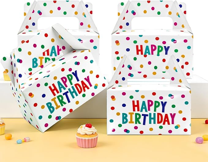12 Pack Colorful Polka Dot Birthday Party Candy Boxes with Handles, Theme Gift Bags for Adults, Boys, Girls and Kids, Candy Gift Boxes for Party Favors, Birthday Wrapping and Polka Dot Decorations
