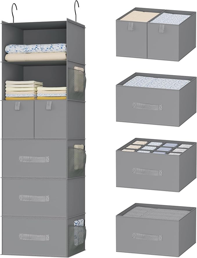 6-Shelves Hanging Closet Organizer with 5 Different Drawers, Foldable Closet Organizers and Storage for Wardrobe, Closet& RV, Clothes and Accessories Storage, Non-Woven Fabric, Gray