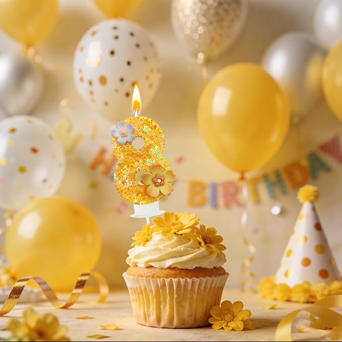Yellow Birthday Candle, Flower Number Birthday Candles for Cake, Ideal Birthday Parties Cake Decor, Wedding Anniversary and Other Celebrations (8 Candle, Yellow)