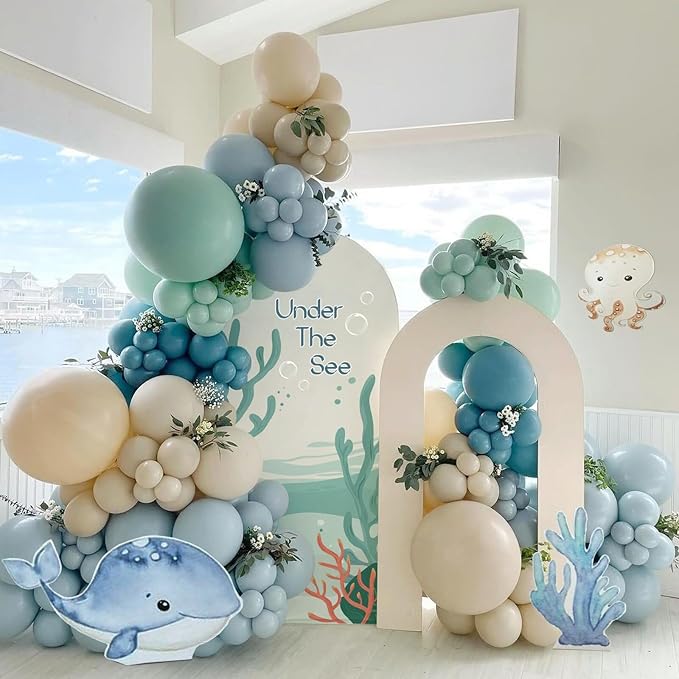 147pcs Under the Sea Balloons Garland Arch Kit with Dusty Slate Blue Pastel Green Sand White Latex Balloons for Ocean Themed Under the Sea Baby Shower Birthday Party Decorations