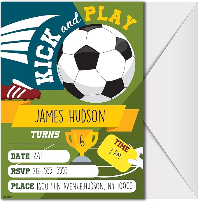 Soccer Birthday Invitations for Boys with Envelopes - (Pack of 20) - Soccer Themed Party Invites for Boys, Girls, Toddlers, Children and More. Soccer Party Supplies. Fill In Style.