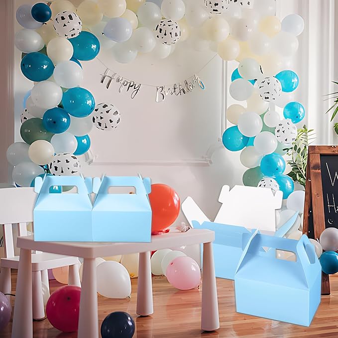 XAGLVV 24 Pack Blue Paper Gable Boxes, 6.2inch Treat Goodie Gift Bag for Baby Boy Showers and Snacks Cookie Toys for Birthday Party