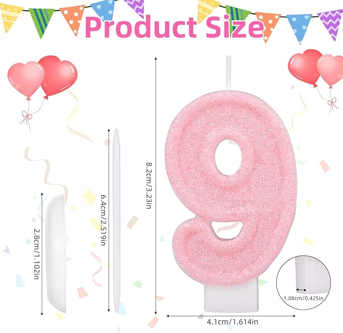 Pink Number Birthday Candles, Romantic Cake Glitter Pink Number Candles Anniversary Cake Topper Decoration Cute Birthday Party Supplies for Wedding Anniversary Celebration Supplies (9)