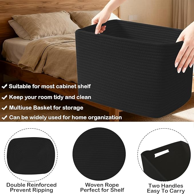 3 Pack Woven Rope Storage Baskets for Organizing,13.5"×11"×9.5" Storage Bins for Shelves,Perfect for Toys,Books,Towels,Clothes,Empty Gift Baskets for Nursery,Living Room&Bedroom(Black)