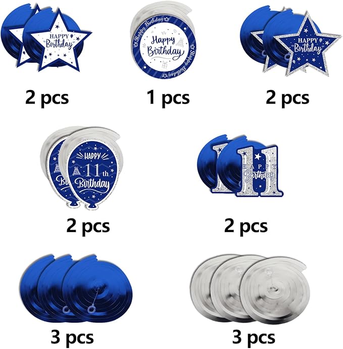 Happy 11th Birthday Blue & Silver Glitter Swirls Streamers Party Decorations - 15 Pcs 11th Birthday Hanging Swirls Streamers Kit,Cheers to Eleven Years Old Bday Party Sign.