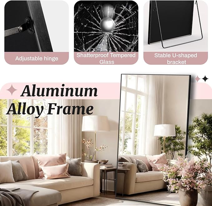 EOGOW 71" x 28" Full Body Mirror,Tempered Glass Shatterproof Full Length Mirror with Stand, Hanging, Wall Mounted Leaning for Bedroom Living Room Entryway