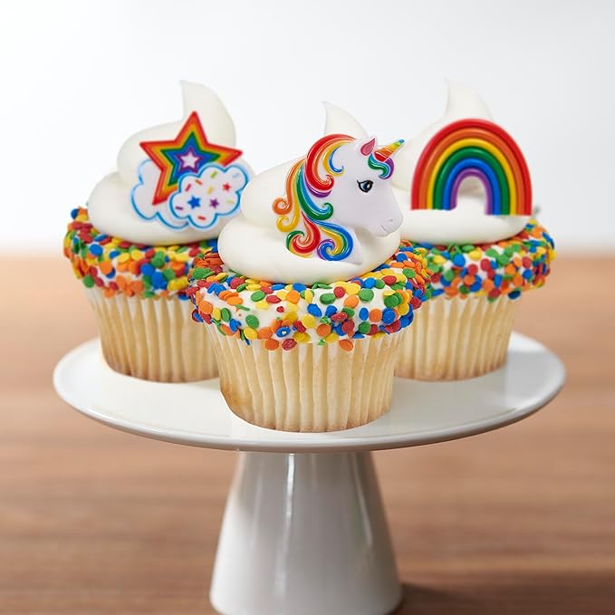 DecoPac Rainbow Unicorn Rings, Cupcake Decorations, Magical Food Safe Cake Toppers, Multi-Coloured – 24 Pack