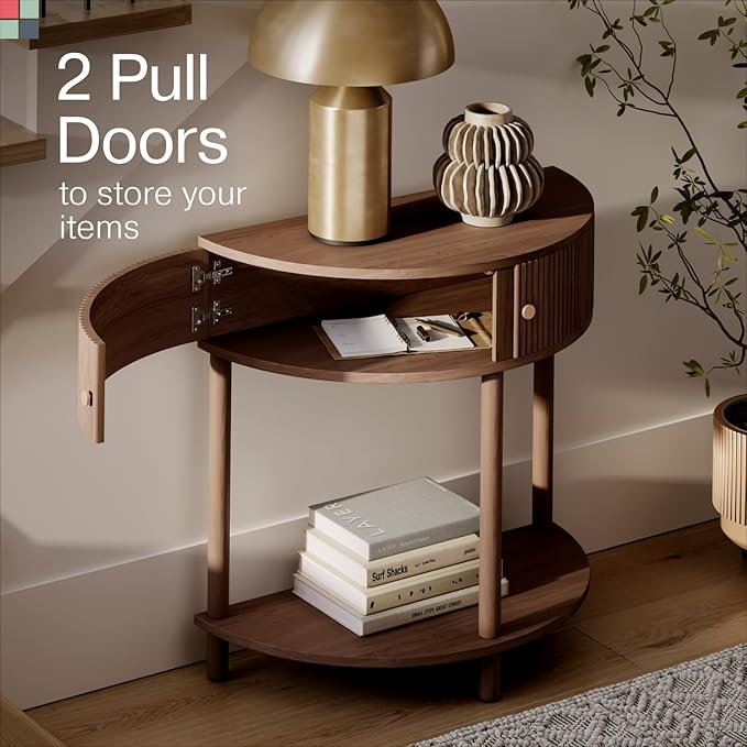 Stead Fluted Half Moon Shaped Console Table - Small Entry Desk - Living Room Furniture - Modern Home Decor - Solid Wood Entryway Table with Two Doors and Brass Knobs (Walnut)