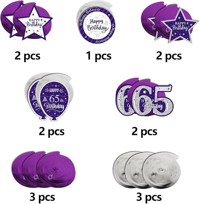 Happy 65th Birthday Purple & Silver Glitter Swirls Streamers Party Decorations - 15 Pcs 65th Birthday Hanging Swirls Streamers Kit,Perfect for 65th Bday Party Sign.