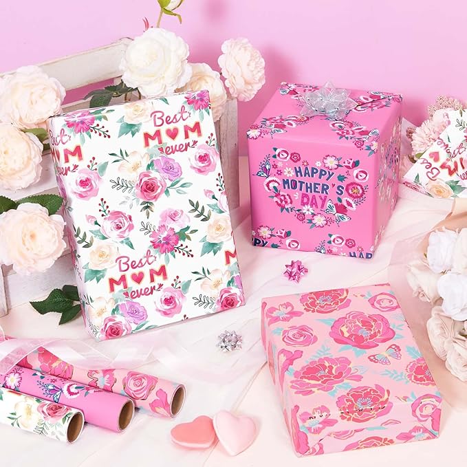 WERNNSAI Mothers Day Wrapping Paper Roll - 3 Rolls 17” x 120” Happy Mothers Day Floral Wrapping Paper for Anniversary Birthday DIY Crafts Spring Gifts Wrapper for Women Mom Pretty Rose Wraps