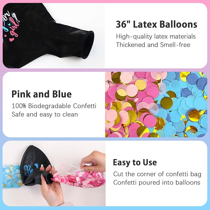 Large Gender Reveal Balloons - 2pcs 36 Inch Black Boy or Girl Balloon with Pink and Blue Confetti for Baby Shower Gender Reveal Ideas Party Decorations
