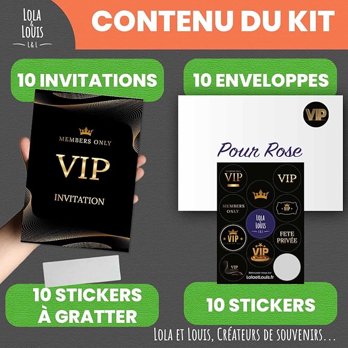 Complete Invitation Kit for 10 Guests Girls or Boys: Envelopes, Secret Message, Scrape, VIP Birthday Invitation Cards, Club Evening Decoration, Stickers Invitations Follow-up • Lola and Louis®