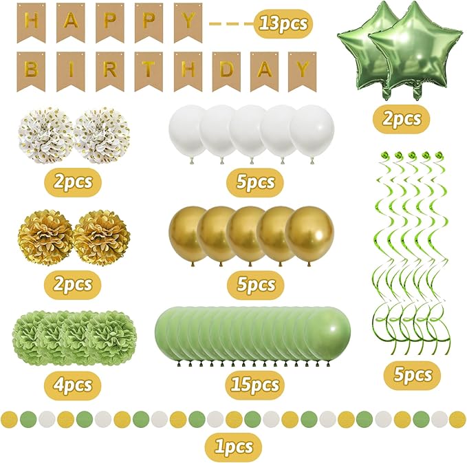 Sage Green Birthday Decorations, Party Decorations with Happy Birthday Banner for Women Boys Girls Dinosaur Safari Olive Green Wild One Birthday Party Supplies