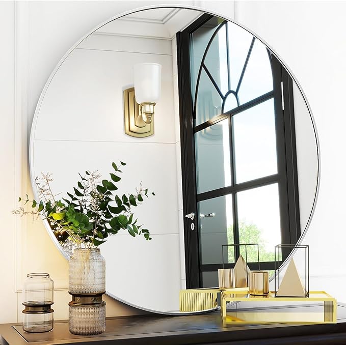 VooBang Silver Round Bathroom Mirror, 30 inch Circle Wall Mounted Hanging Mirror with Simple Modern Circular Metal Frame for Hallway, Entryway, Living Room, Silver Frame