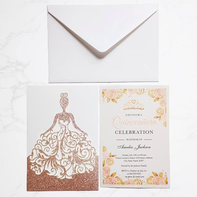 50PCS Wedding Invitations Cards with Envelopes 5 x7.3 Inch Laser Cut Hollow Girl Princess Pocket with Envelopes Crown Invitations Cards for Quinceanera Birthday Sweet 16, Party Invite (Rose Gold Glitter)