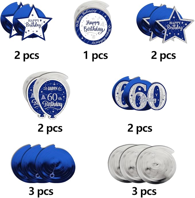 Happy 60th Birthday Blue & Silver Glitter Swirls Streamers Party Decorations - 15 Pcs 60th Birthday Hanging Swirls Streamers Kit,Cheers to Sixty Years Old Bday Party Sign.