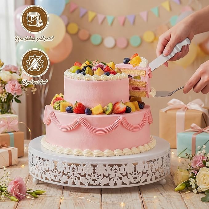 Wenqik 12 Inch White Cake Stand Set Metal Round Cupcake Dessert Stand with Cake Cutting, Spatula Wedding Cupcake Pastry Display Candy Holder Display for Wedding Party Birthday Baby Shower (Flower)