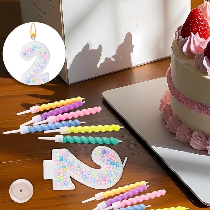 Number Birthday Candle with 12PCS Spiral Candles and A Birthday Card - Perfect for Celebrating Birthdays (Macaron Glitter, Number 2)